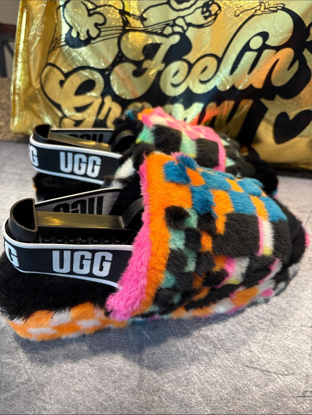 UGG Multicolor Fuzz Slide with Elastic Logo Heel Strap